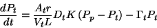 \begin{displaymath}
\frac{dP_t}{dt} = \frac{A_tr}{V_t L} D_t K \left(P_p-P_t\right) - \Gamma_tP_t \end{displaymath}